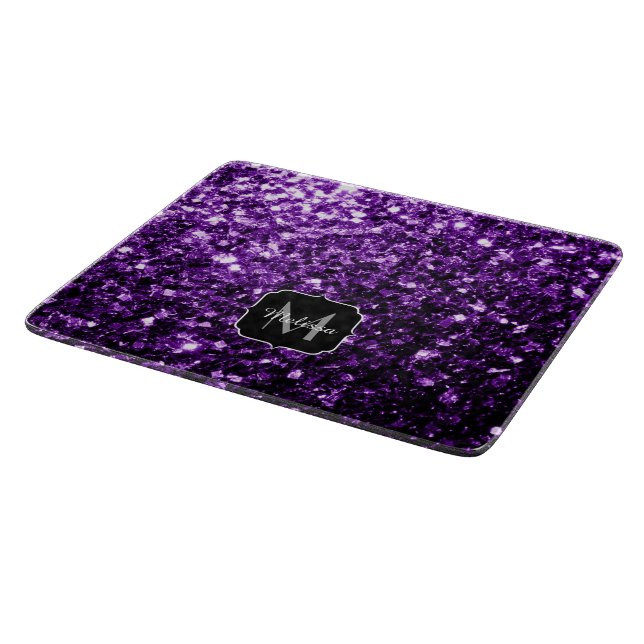 Dark Purple faux shiny glitter sparkles Monogram Cutting Board (Corner)