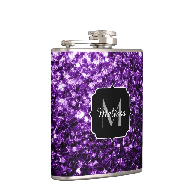 Dark Purple faux shiny glitter sparkles Monogram Hip Flask (Right)
