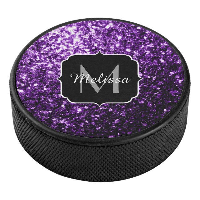 Dark Purple faux shiny glitter sparkles Monogram Hockey Puck (3/4)