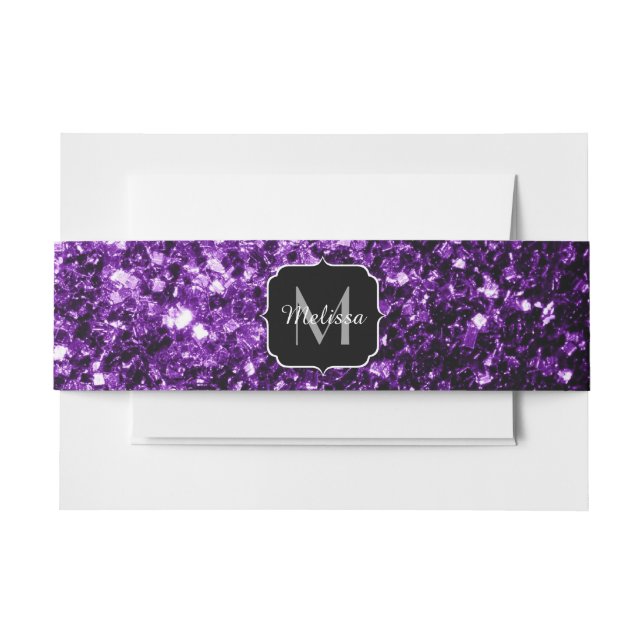 Dark Purple faux shiny glitter sparkles Monogram Invitation Belly Band (Front Example)