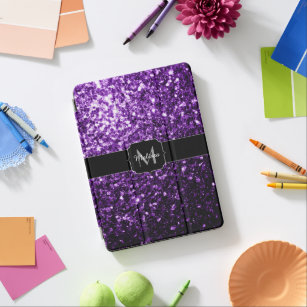 Dark Purple faux shiny glitter sparkles Monogram iPad Air Cover