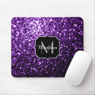 Dark Purple faux shiny glitter sparkles Monogram Mouse Pad