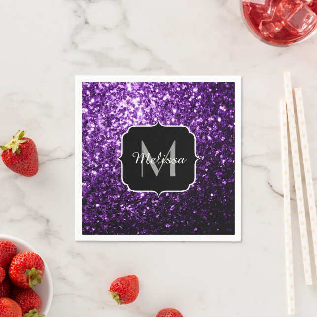 Dark Purple faux shiny glitter sparkles Monogram Napkin (Insitu)