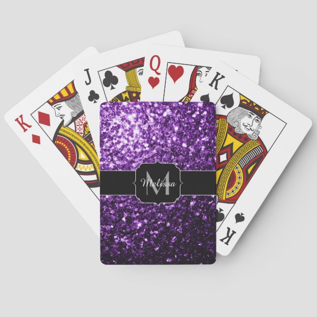 Dark Purple faux shiny glitter sparkles Monogram Playing Cards (Back)