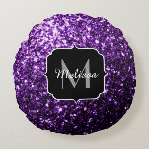 Dark Purple faux shiny glitter sparkles Monogram Round Cushion