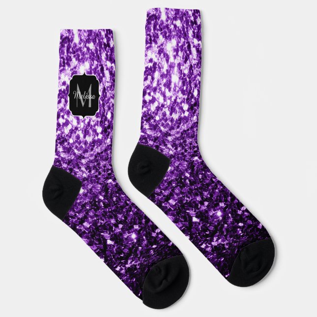 Dark Purple faux shiny glitter sparkles Monogram Socks (Right)