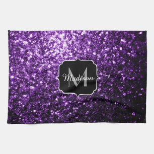 Dark Purple faux shiny glitter sparkles Monogram Tea Towel