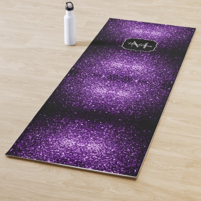 Dark Purple faux shiny glitter sparkles Monogram Yoga Mat (In Situ)