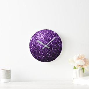 Dark Purple faux shiny glitter sparkles Round Clock