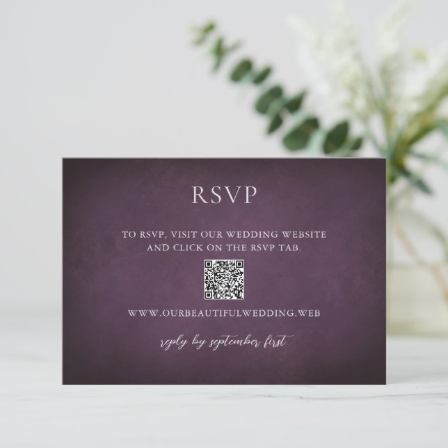 Dark Purple Fine Art Floral Elegant Wedding RSVP Card (Standing Front)