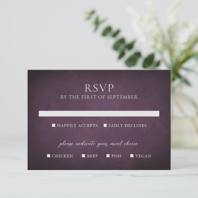 Dark Purple Fine Art Floral Elegant Wedding RSVP Card (Standing Front)