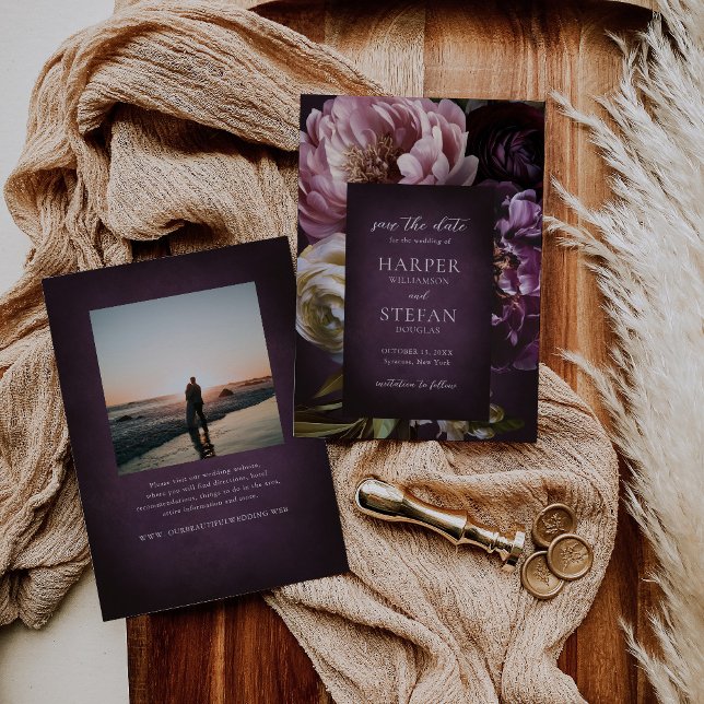 Dark Purple Fine Art Floral Elegant Wedding Save The Date (Creator Uploaded)