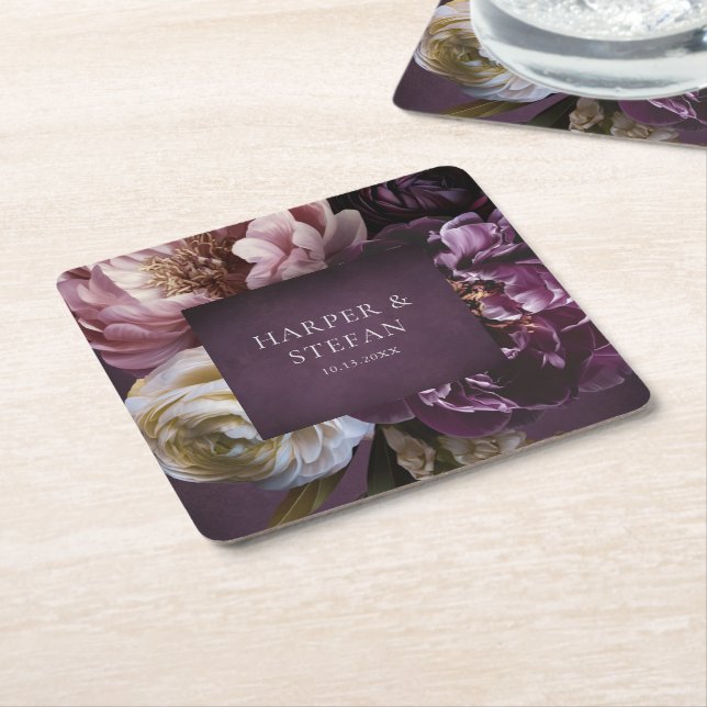 Dark Purple Fine Art Floral Elegant Wedding Square Paper Coaster (Angled)