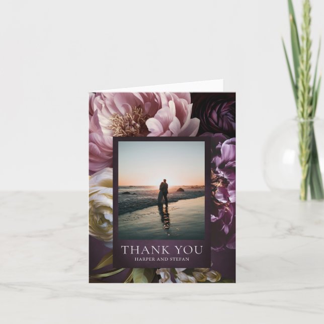 Dark Purple Fine Art Floral Elegant Wedding Thank You Card (Front)