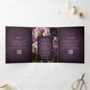 Dark Purple Fine Art Floral Elegant Wedding Tri-Fold Invitation