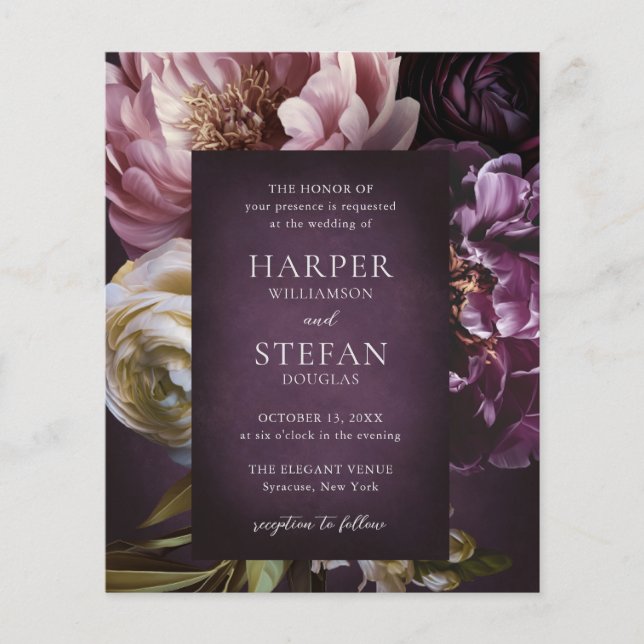 Dark Purple Fine Art Floral Wedding Invitation Flyer (Front)