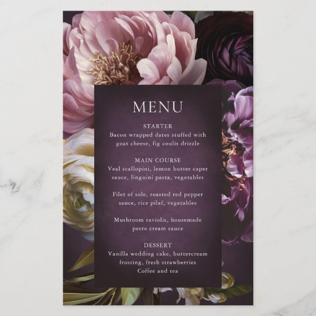 Dark Purple Fine Art Floral Wedding Menu (Front)