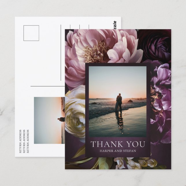 Dark Purple Fine Art Floral Wedding Thank You Postcard (Front/Back)