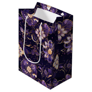Dark Purple Floral and Faux Gold Medium Gift Bag