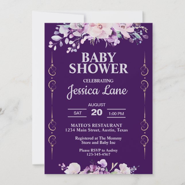 Dark Purple Floral Baby Shower Invitation (Front)