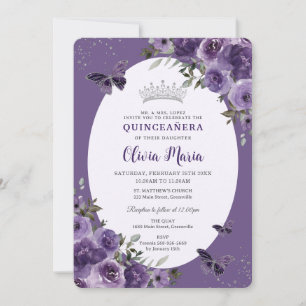 Dark Purple Floral Butterflies Silver Quinceañera Invitation