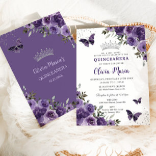 Dark Purple Floral Butterflies Silver Quinceañera Invitation