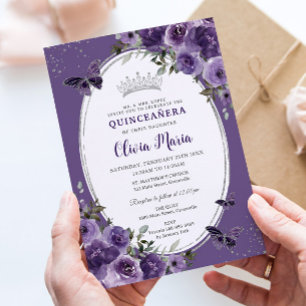 Dark Purple Floral Butterflies Silver Quinceañera Invitation