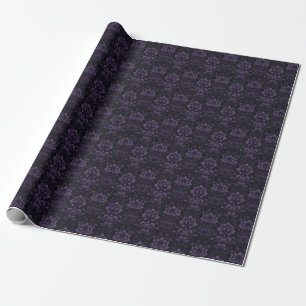 Dark Purple Floral Damas on Black Wrapping Paper