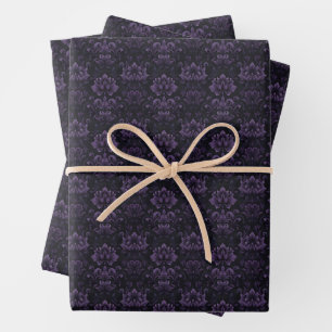 Dark Purple Floral Damas on Black Wrapping Paper Sheet
