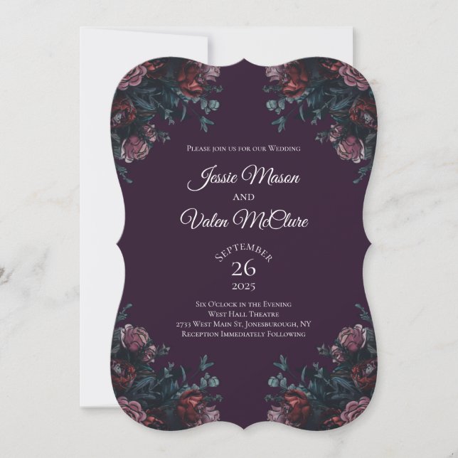Dark Purple Floral Elegant Wedding Maroon Mauve Invitation (Front)