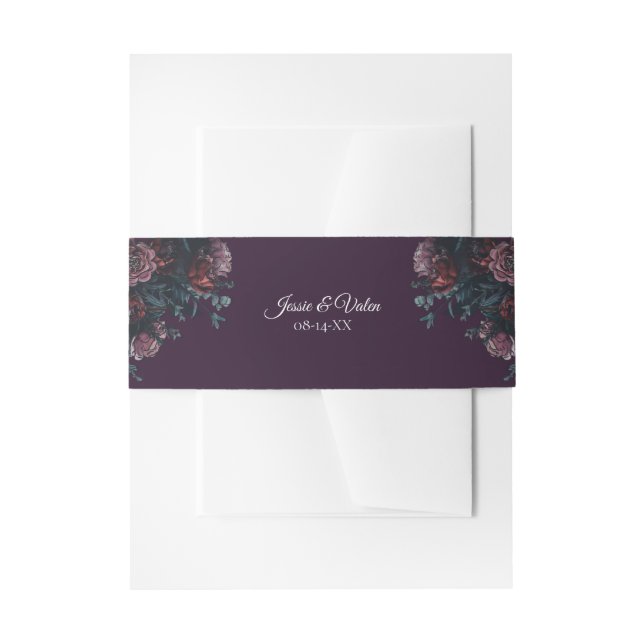 Dark Purple Floral Elegant Wedding Maroon Mauve Invitation Belly Band (Front Example)