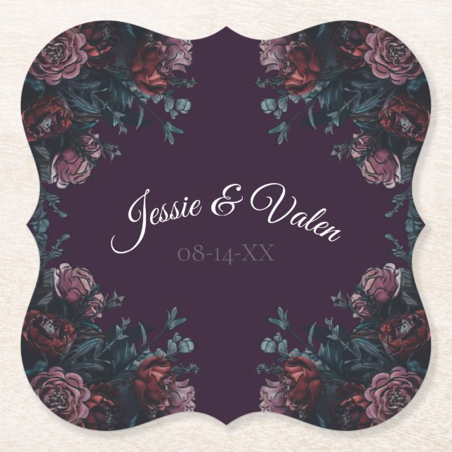 Dark Purple Floral Elegant Wedding Maroon Mauve Paper Coaster (Front)