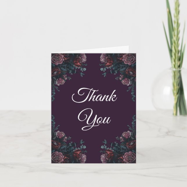 Dark Purple Floral Elegant Wedding Maroon Mauve Thank You Card (Front)