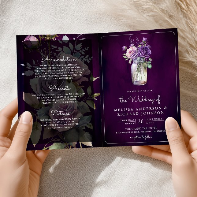 Dark Purple Floral Mason Jar QR Code Moody Wedding Invitation (Creator Uploaded)