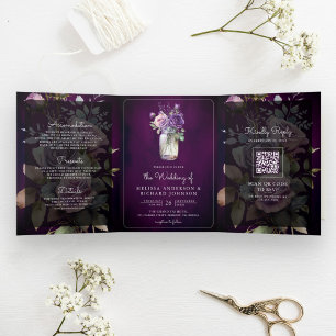 Dark Purple Floral Mason Jar QR Code Moody Wedding Tri-Fold Invitation