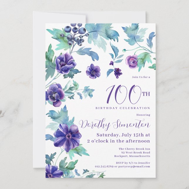 Dark Purple Floral Photo 100th Birthday Party Invitation (Front)
