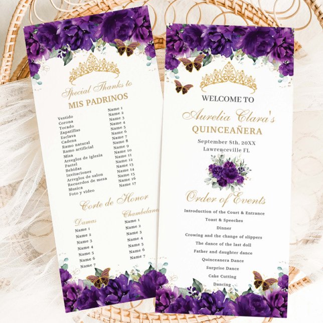 Dark Purple Floral Quinceañera Order of Events Program (Creator Uploaded)