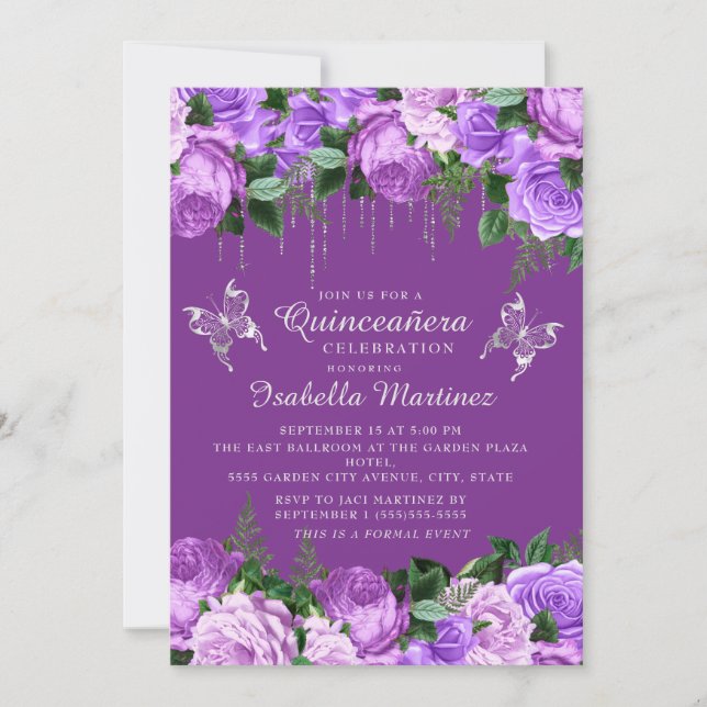 Dark Purple Floral Silver Butterflies Quinceañera  Invitation (Front)