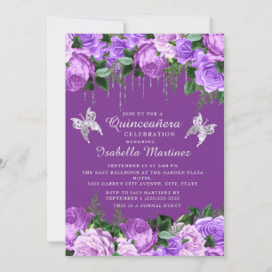 Dark Purple Floral Silver Butterflies Quinceañera  Invitation
