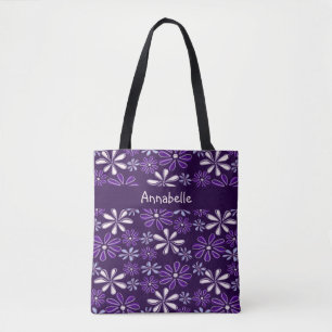 Dark Purple Flower Doodle Your Name Tote Bag