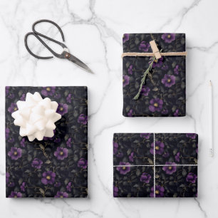 Dark Purple Flowers on Black  Wrapping Paper Sheet