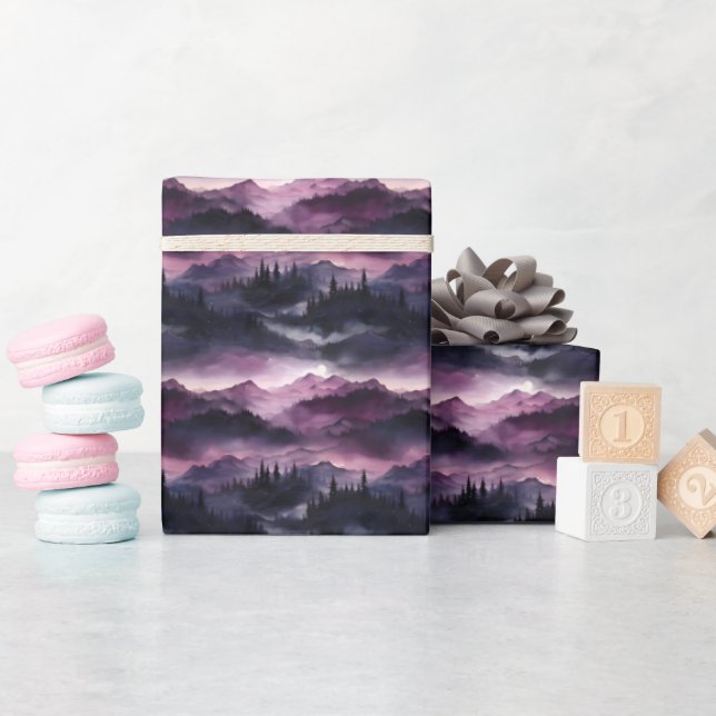 Dark Purple Forest & Mountain Landscape Wrapping Paper (Baby Shower)