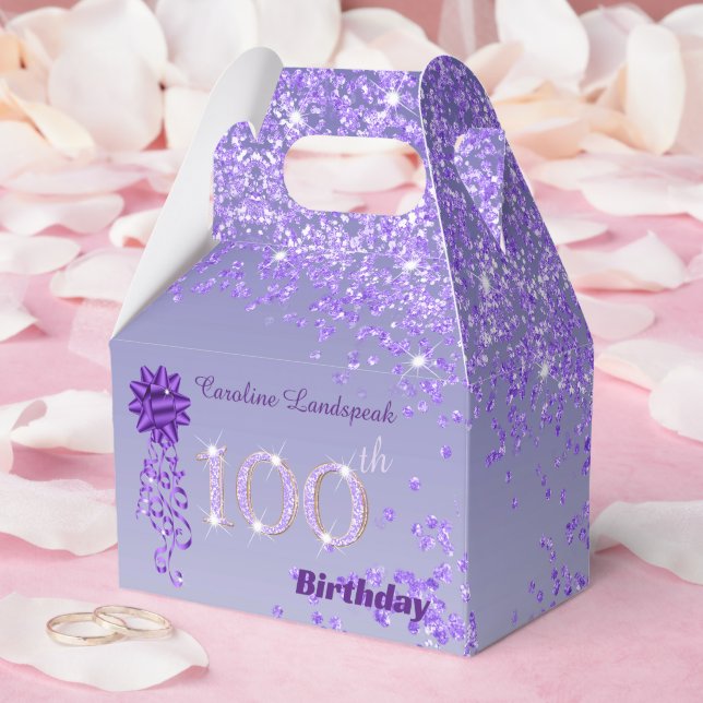 Dark Purple Glitter & Ribbon 100th Birthday Favour Box (Wedding)