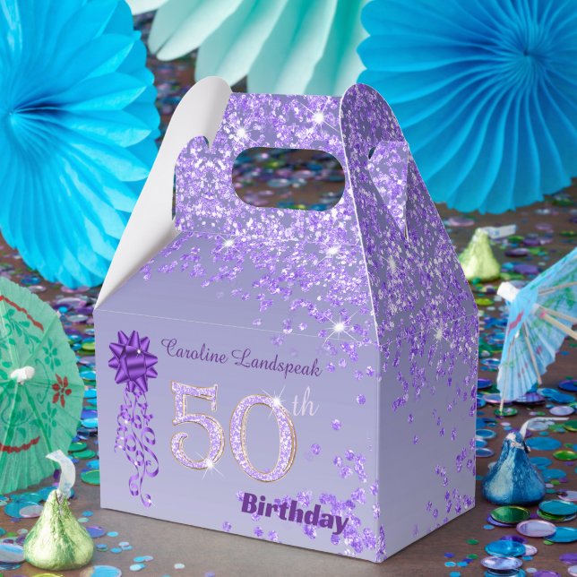 Dark Purple Glitter & Ribbon 50th Birthday Favour Box (Party)
