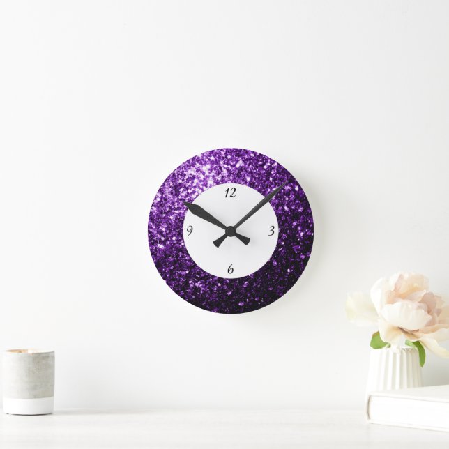 Dark Purple glitter sparkles with numbers Round Clock (Home)