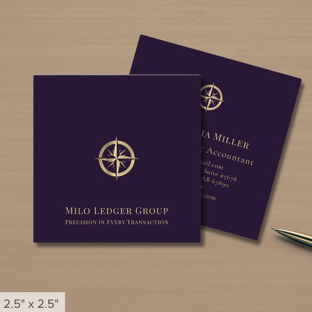 Dark Purple Gold Compass Logo Square Business Card (Creator Uploaded)