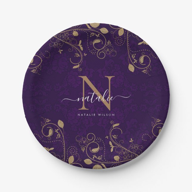 Dark Purple Gold Floral Ornaments Monogram Script Paper Plate (Front)