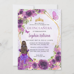 Dark Purple Gold Floral Princess Quinceañera Invitation