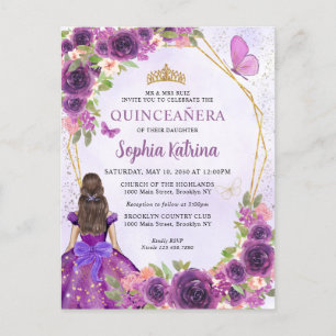 Dark Purple Gold Floral Princess Quinceañera Invitation Postcard