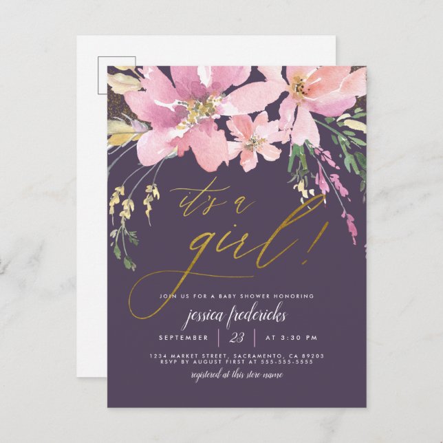 Dark Purple & Gold It's A Girl Floral Baby Shower Invitation Postcard (Front/Back)